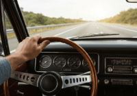 A realistic photo of a person's hands on a car steering wheel during a daytime road trip, with a smartphone mounted on the dashboard displaying a music playlist interface with MP3 files, scenic highwa