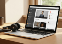 A modern laptop screen showing a YouTube music playlist next to an MP3 player with headphones, on a clean wooden desk with natural lighting, realistic digital illustration style