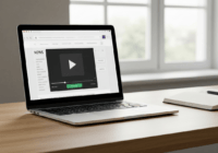 A detailed photo of a modern laptop screen showing a news website with a video player interface, with download options visible in the browser toolbar, on a clean wooden desk with a notebook and pen ne