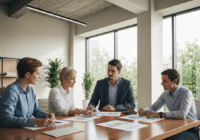 A detailed photorealistic image of a modern office meeting room with professionals discussing environmental guidelines, featuring charts and documents on a table, natural light from large windows, and