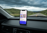 A modern smartphone displaying a digital driver's license with QR code on screen, placed on a car dashboard with Argentine landscape visible through windshield, realistic lighting, detailed interface
