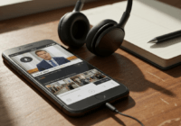 A close-up of a smartphone screen showing a local news video playing, with headphones plugged in and a download icon visible in the corner, set on a wooden desk with a notebook and pen nearby, natural