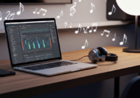 A modern home studio setup with a laptop displaying AI music generation software interface, headphones on the desk, and musical notes floating in the air as holographic projections, soft ambient light