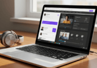A detailed photorealistic image of a modern laptop screen showing a radio station website with an audio player, headphones resting nearby on a wooden desk, soft natural lighting from a window, focus o