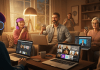 A photorealistic image of diverse people gathered in a virtual concert setting, with laptops and smartphones showing music streaming apps, some holding headphones, in a cozy living room with warm ligh