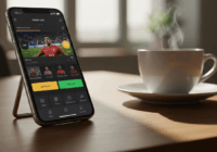 A modern digital interface on a smartphone screen showing a betting app with live sports streaming, colorful graphics, and interactive buttons, placed on a wooden desk with a coffee cup nearby, in a w