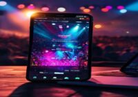 A detailed photorealistic image of a smartphone screen displaying a YouTube video of a live music festival at night, with colorful stage lights and a crowd in the background, while a laptop next to it