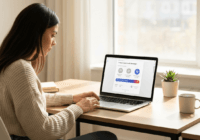 A person using a laptop to download videos from social media platforms, with a clean interface showing conversion tools and a progress bar, in a modern home office setting with natural light.