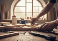 A detailed photo of a person's hands working on a complex DIY project with various tools and materials spread on a wooden workbench, natural lighting from a window, focus on the hands and tools, reali