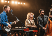 A photorealistic image of three musicians performing on stage under warm stage lighting, with vintage microphones and modern instruments blending traditional and contemporary musical elements, capturi