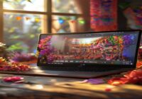 A detailed photorealistic image of a laptop screen showing a video player with cultural festival footage, surrounded by traditional festival decorations like colorful banners and flowers on a wooden t