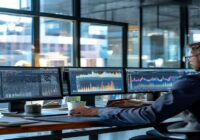 A professional financial analyst reviewing quarterly reports on multiple computer screens in a modern office setting, with charts and graphs showing software company metrics, natural lighting from lar