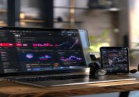 A modern laptop screen displaying a sports betting website with live odds and charts, next to a smartphone showing a video conversion tool interface, on a wooden desk with a coffee cup and headphones,