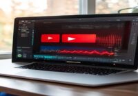 A modern laptop screen showing a YouTube video being converted to MP3 format through an online converter interface, with visual indicators of the conversion progress and audio waveform visualization,