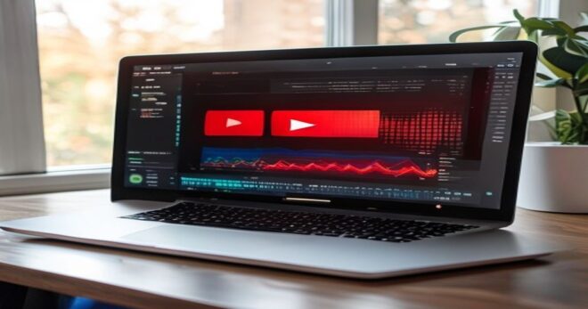 A modern laptop screen showing a YouTube video being converted to MP3 format through an online converter interface, with visual indicators of the conversion progress and audio waveform visualization,