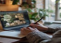 A detailed photo of a person watching a YouTube tutorial on a laptop screen, with hands taking notes in a notebook, in a cozy home office setting with natural light, showing focus and learning.