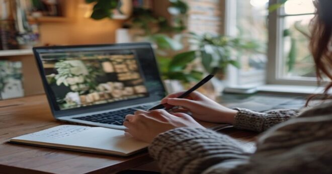 A detailed photo of a person watching a YouTube tutorial on a laptop screen, with hands taking notes in a notebook, in a cozy home office setting with natural light, showing focus and learning.