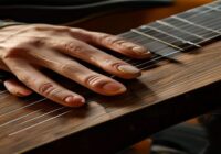 A close-up of a musician's hands on a guitar fretboard forming a complex jazz chord with multiple finger extensions, showing detailed finger positioning against the wood grain of the instrument, with