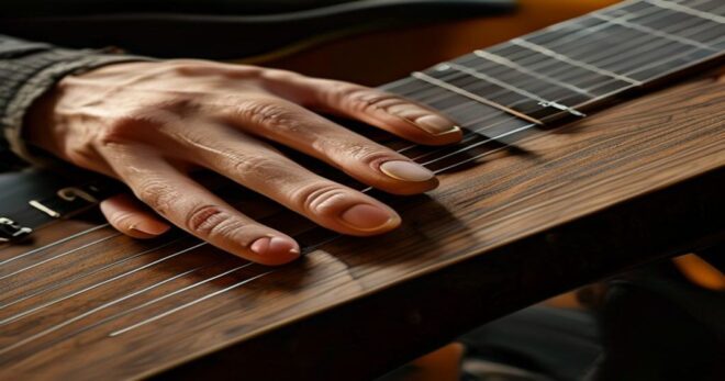 A close-up of a musician's hands on a guitar fretboard forming a complex jazz chord with multiple finger extensions, showing detailed finger positioning against the wood grain of the instrument, with