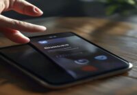 A close-up photorealistic image of a smartphone screen displaying a social media app with blurred text, showing a user's finger hovering over a share button, with a subtle reflection of a confused fac