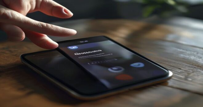 A close-up photorealistic image of a smartphone screen displaying a social media app with blurred text, showing a user's finger hovering over a share button, with a subtle reflection of a confused fac