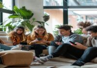 A diverse group of teenagers sitting together in a modern living room, some looking at smartphones while others engage in face-to-face conversation, natural lighting from large windows, realistic expr