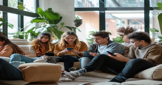 A diverse group of teenagers sitting together in a modern living room, some looking at smartphones while others engage in face-to-face conversation, natural lighting from large windows, realistic expr