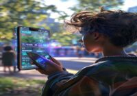 A dynamic, photorealistic image of a young person watching an urban sports event on a smartphone, with augmented reality graphics overlaying the screen showing live stats and interactive elements, set