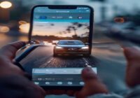 A realistic photo of a smartphone screen showing a social media app with a video thumbnail of a car performing a dangerous maneuver on a highway, with blurred background of a driver's hand holding the