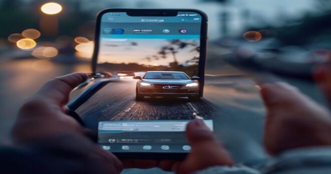 A realistic photo of a smartphone screen showing a social media app with a video thumbnail of a car performing a dangerous maneuver on a highway, with blurred background of a driver's hand holding the
