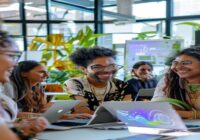 A diverse group of women in a modern classroom in Latin America, collaboratively working on laptops with AI-related graphics on their screens, smiling and engaged in discussion, natural lighting from