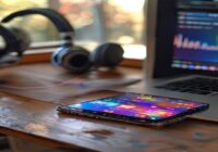 A modern smartphone displaying a social media app with a music video playing, showing vibrant visual effects and audio waveforms, placed on a wooden desk next to headphones and a laptop with conversio