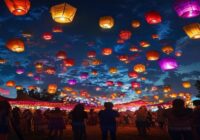 A vibrant night scene at a traditional fair, with hundreds of colorful paper lanterns floating in the dark sky, illuminating a crowd of people celebrating below, capturing the magical atmosphere of cu