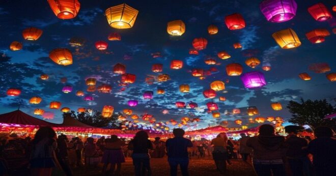 A vibrant night scene at a traditional fair, with hundreds of colorful paper lanterns floating in the dark sky, illuminating a crowd of people celebrating below, capturing the magical atmosphere of cu