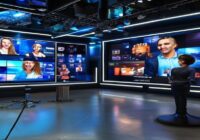 A photorealistic image of a modern television production studio with multiple screens displaying different reality show formats, including a split-screen comparison of two similar-looking sets with ce