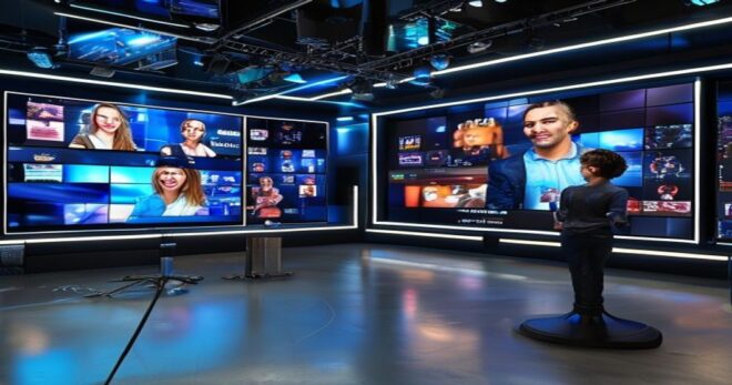 A photorealistic image of a modern television production studio with multiple screens displaying different reality show formats, including a split-screen comparison of two similar-looking sets with ce