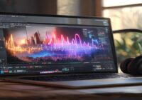 A detailed photorealistic image of a modern laptop screen showing a YouTube video of a live music festival performance, with visible audio waveform visualization software open next to it, converting t