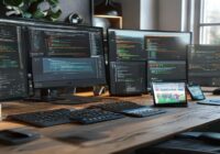 A detailed photorealistic image of a modern software development workspace with multiple monitors showing code editors, a laptop displaying a complex data visualization dashboard, and a smartphone wit