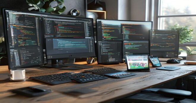 A detailed photorealistic image of a modern software development workspace with multiple monitors showing code editors, a laptop displaying a complex data visualization dashboard, and a smartphone wit
