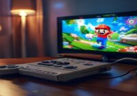A photorealistic image of a compact retro gaming console placed on a wooden table, connected to a modern flat-screen TV via an HDMI cable. The console has a sleek design with classic-style buttons, an