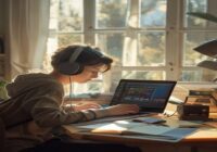 A realistic photo of a student using a laptop at a desk with headphones on, studying in a home environment, with soft natural light from a window, books and notes scattered, and a smartphone displayin