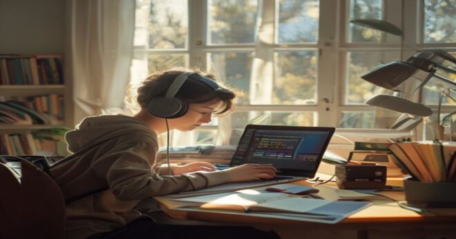 A realistic photo of a student using a laptop at a desk with headphones on, studying in a home environment, with soft natural light from a window, books and notes scattered, and a smartphone displayin