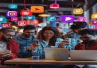 A photorealistic image of a diverse group of people using smartphones and laptops in a modern cafe, with social media icons like YouTube, TikTok, and Instagram floating in the background, representing