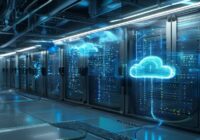 A detailed photorealistic image of a modern server room with cloud computing infrastructure, showing racks of servers with blue LED lights, network cables neatly organized, and holographic cloud icons