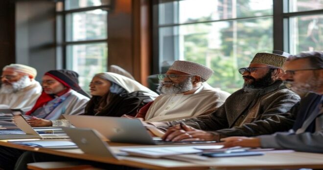 A diverse group of religious leaders in traditional attire sitting in a modern seminar room, engaged in a discussion with laptops and notebooks on the table, natural lighting from large windows, reali