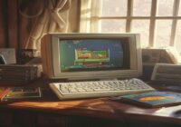 A photorealistic image of a vintage computer setup from the 1990s, with a CRT monitor displaying a classic PC game demo screen, surrounded by old CD-ROMs and floppy disks on a wooden desk, soft natura