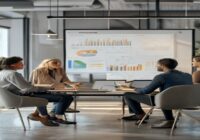 A modern office environment with a diverse team collaborating around a digital dashboard displaying analytics and talent metrics, with soft natural lighting and contemporary furniture