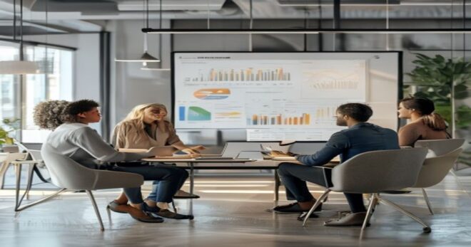A modern office environment with a diverse team collaborating around a digital dashboard displaying analytics and talent metrics, with soft natural lighting and contemporary furniture