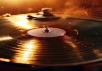 A close-up photorealistic image of a vintage vinyl record spinning on a turntable, with warm lighting highlighting the grooves and dust particles in the air, creating a nostalgic atmosphere.