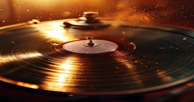 A close-up photorealistic image of a vintage vinyl record spinning on a turntable, with warm lighting highlighting the grooves and dust particles in the air, creating a nostalgic atmosphere.